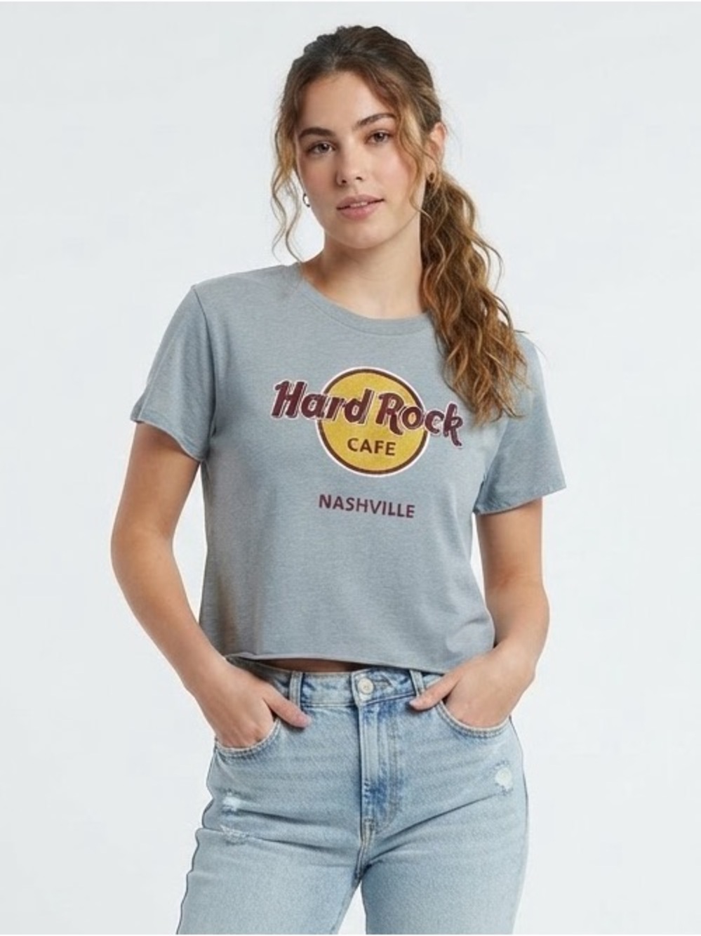 Hard Rock Cafe Nashville Gray Raw Hem Cropped Graphic Tee Size Small